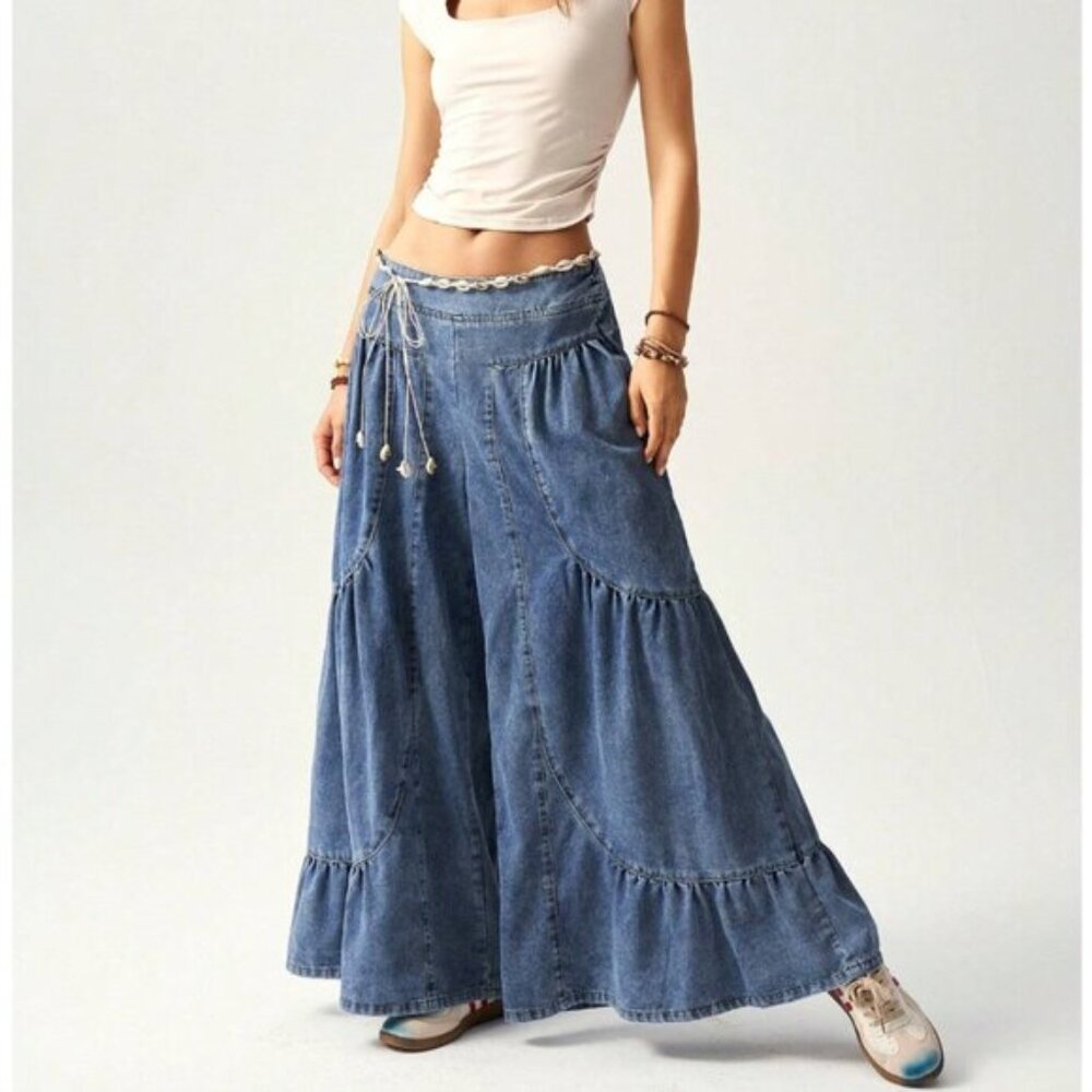Boho Wide Leg Denim Jeans - Picture 5 of 9